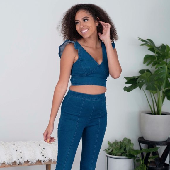SHOPIRISBASIC One in a Million Denim Crop Top and Flare Pants Set - Picture 1 of 9